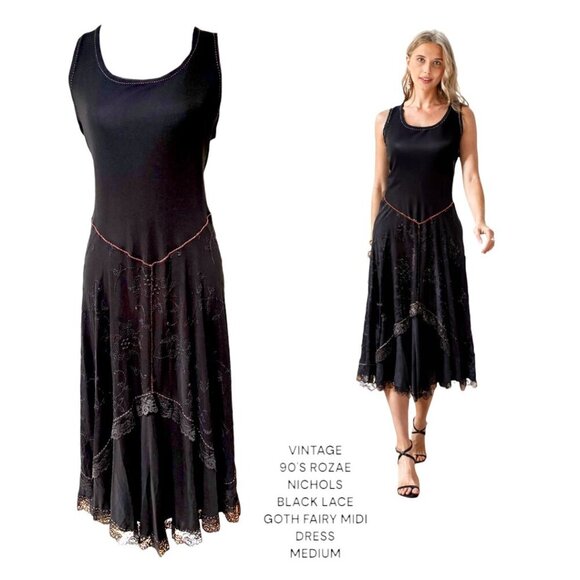 90'S‎ VINTAGE Rozae Nichols Black Lace Whimsy Goth Midi Dress size Medium - Picture 1 of 6